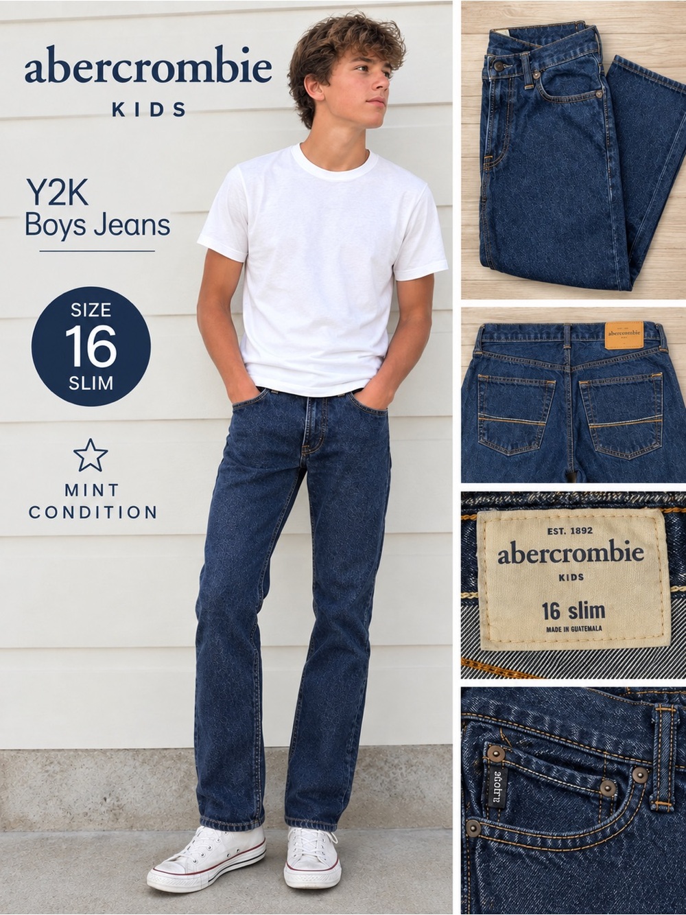 Y2K Abercrombie Kids Boys Straight Leg Jeans Size 16 Slim Mint Condition